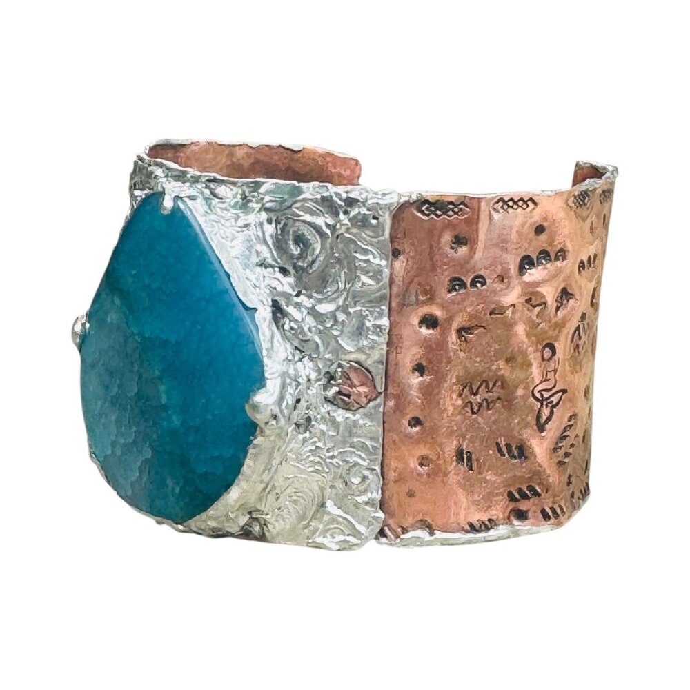 Rustic Copper & Silver Hammered Cuff Bracelet W/ Blue Agate Teardrop Gemstone - Picture 4 of 13
